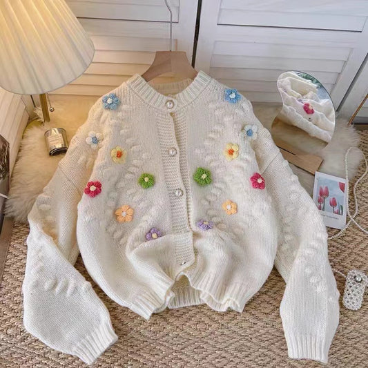 3d Flower V-neck Cardigan Sweater Crocheted Flower Sweater S4365