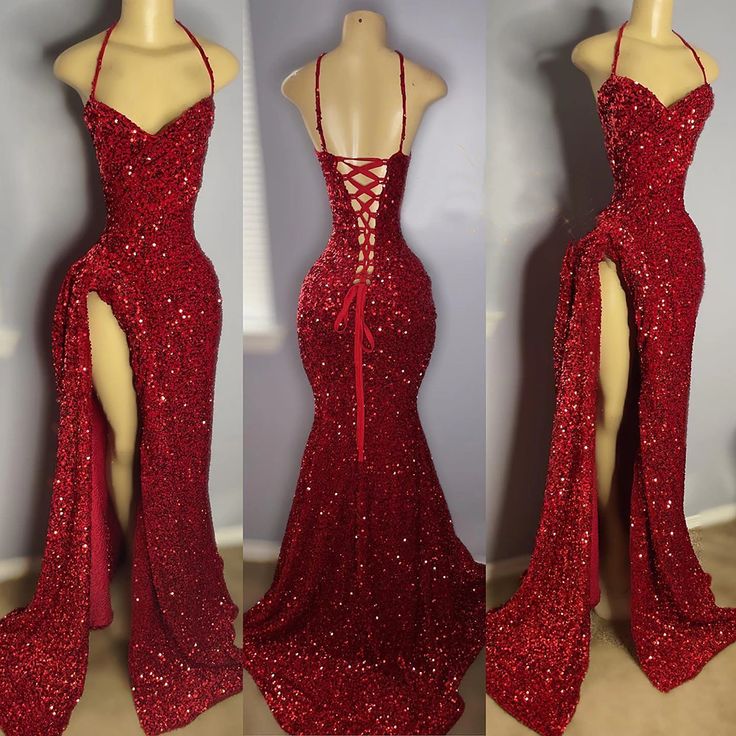 Sexy High Slit Halter Sleeveless Sparkly Red Sequined Long Prom Dresses for Black Girls S3641
