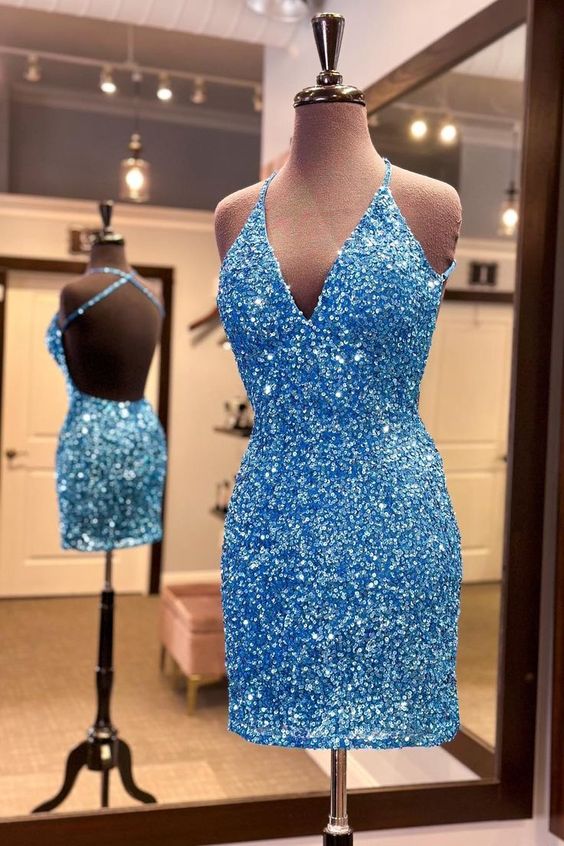Straps Blue Sequin Tight Mini Dress S3663