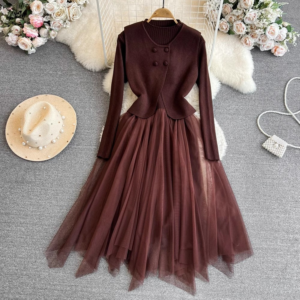 long-sleeved knitted patchwork A-line mesh dress two-piece vest jacket S4096