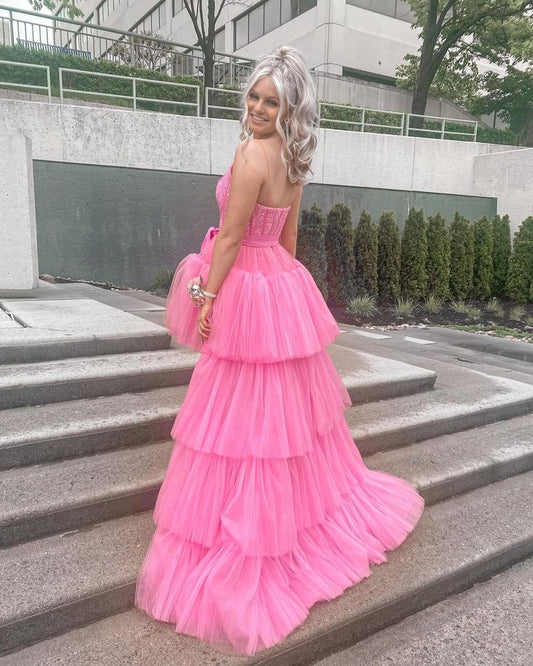 High Low Hot Pink Tiered Prom Dress with Spaghetti Straps,Elegant Graduation Dresses S3358