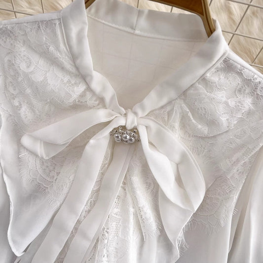 Lace Bell Sleeves Bow Tie Shirt Women's Fashionable Top S4088