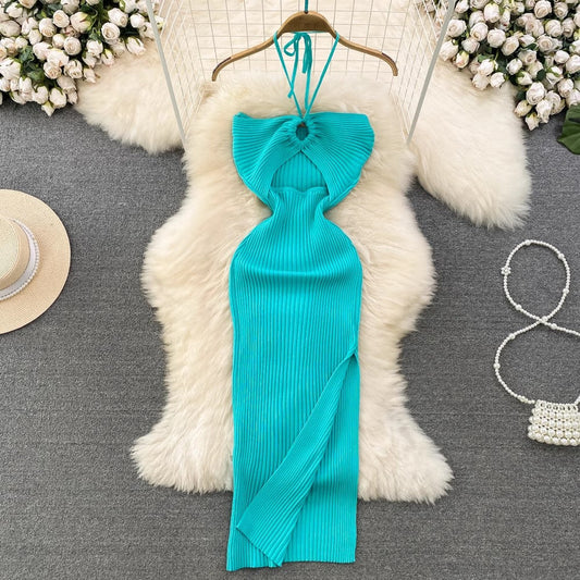 halter neck backless sleeveless mid-length slit knitted dress S4091