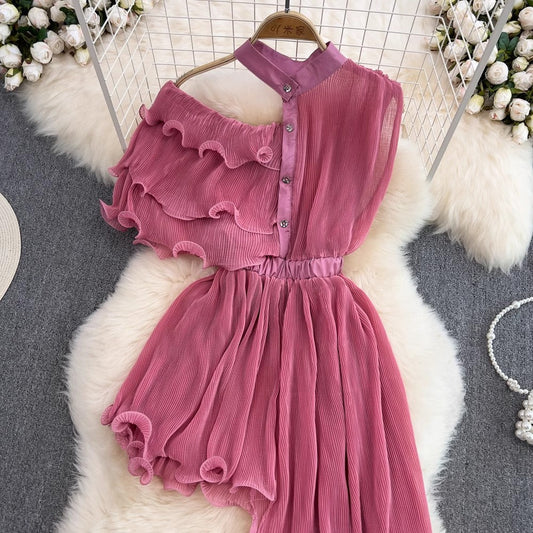 irregular mid-length skirt fashionable a-line pleated dress for women S4425
