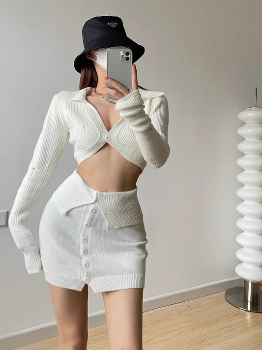 hot girls knitted short cardigan sweater skirt two-piece set S3395