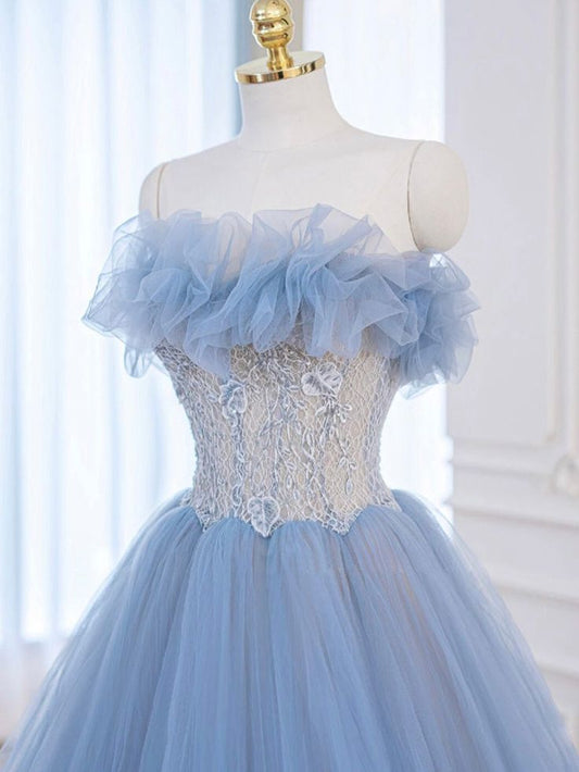 A-Line Blue Tulle Lace Long Prom Dress, Blue Tulle Lace Formal Dress S4148