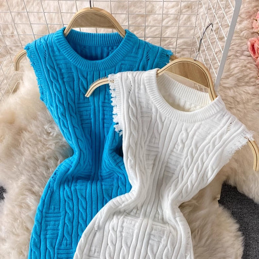 Irregular Sleeveless Vest Knitted Dress Round Neck Sweater Skirt Women S4302