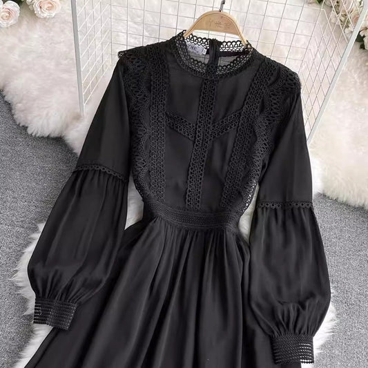 lace lantern sleeve chiffon A-line dress elegant long skirt S4309