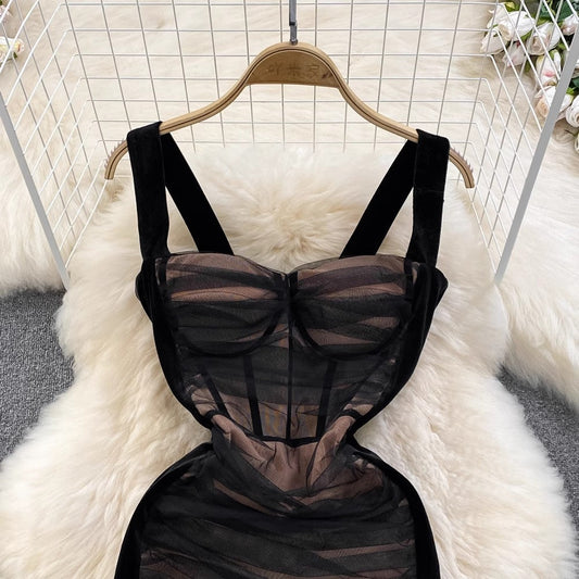 Hot girl tube top suspender skirt fashion mesh pleated elastic tight dress for women S4199