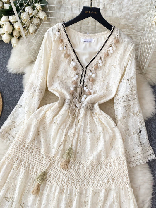 High-grade Party Dress, Hook Flower V-neck Dress ,fringe Fairy Dress, Long-sleeved Dress, Lace Dress S4476