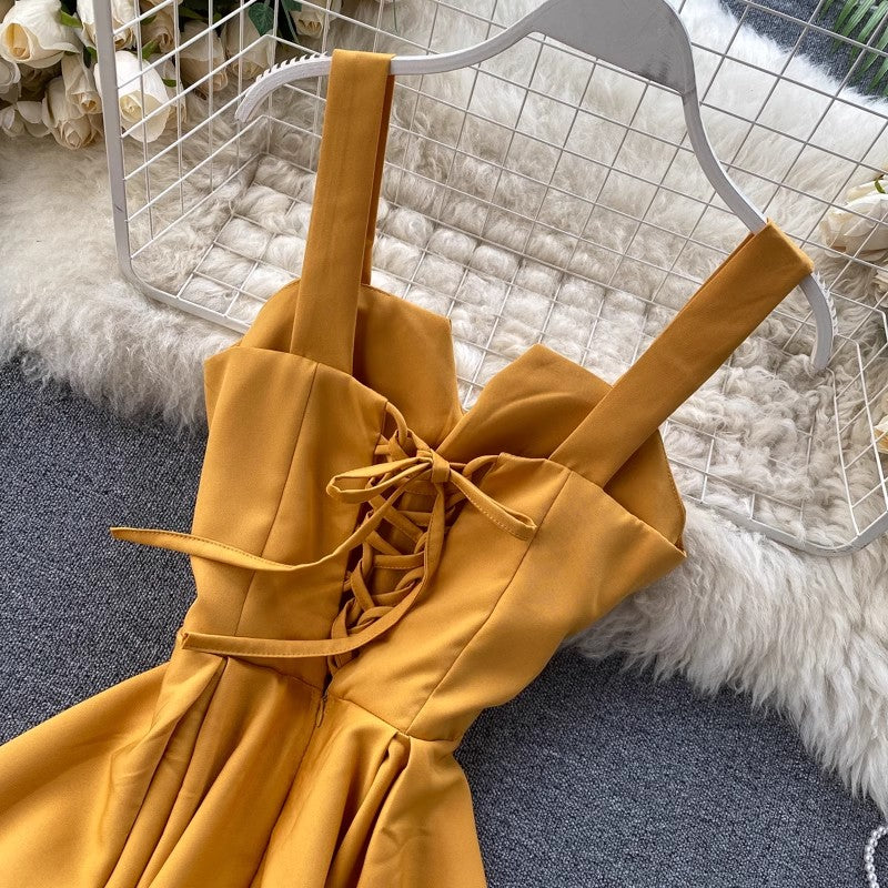 New design V-neck backless solid color long skirt women's dress S4564