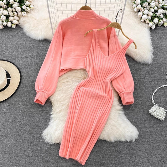 knitted shawl jacket two-piece set for women V-neck suspender dress S4119