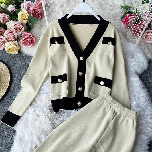 Knitted suit for women casual V-neck cardigan sweater casual leg trousers two-piece set S4169