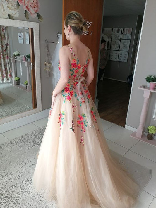 A Line Evening Dress Sexy V neck Tulle Women Formal Prom Gowns