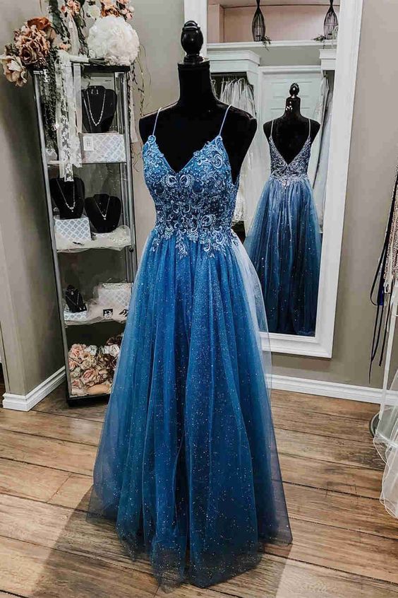 Glitter Straps Beaded Blue Formal Dress S4060