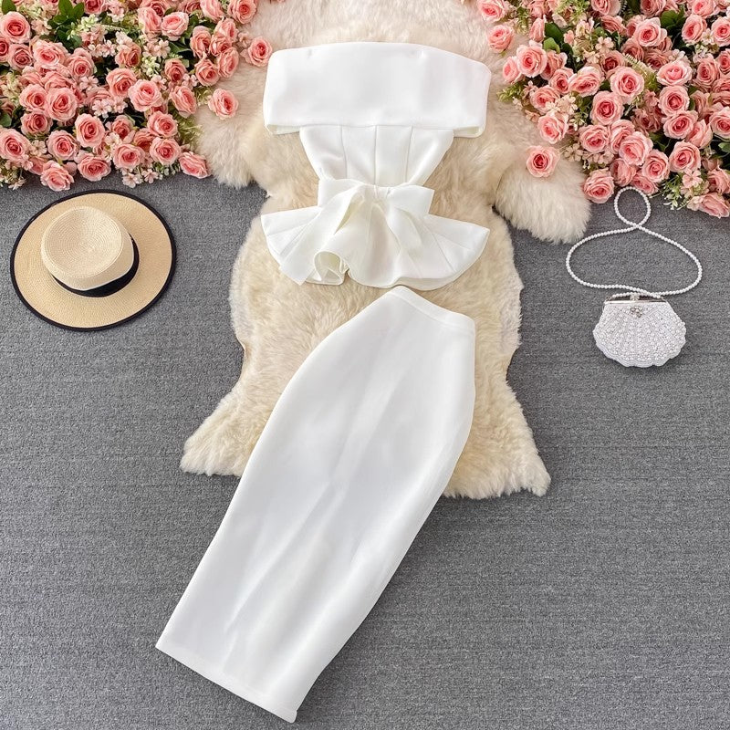 off-shoulder ruffled cropped top two-piece suit mid-length skirt S3919