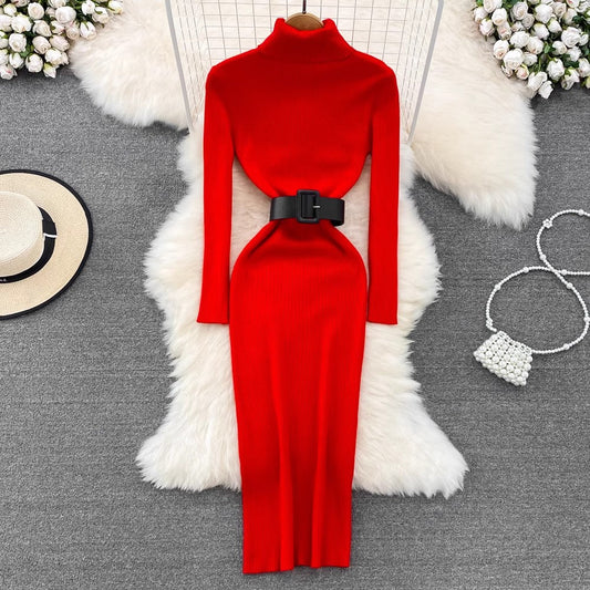 high collar mid-length knitted dress sweater skirt S3909