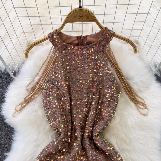 halter neck mid-length sparkling sequin dress for women S4316