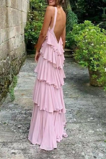 A Line Straps Tiered Chiffon Floor Length Long Prom Dress Pink Formal Evening Dresses S2761
