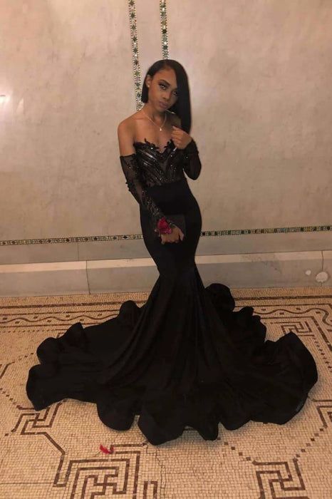 Black Long Sleeves Floor Length Mermaid Dresses S2140
