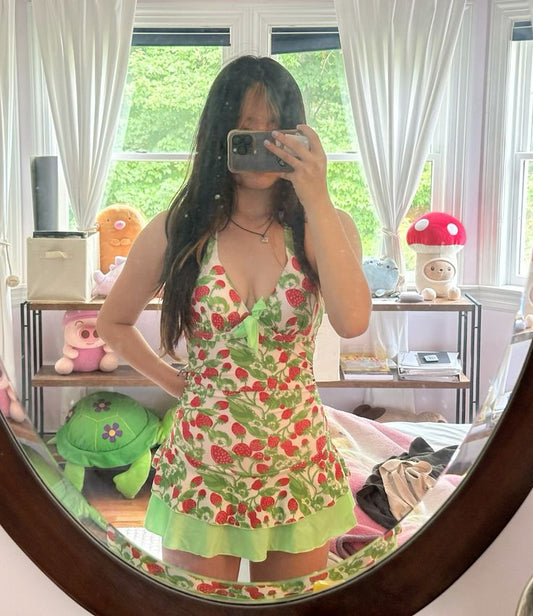 Green floral halter neck slim waist short skirt homecoming dress R2669