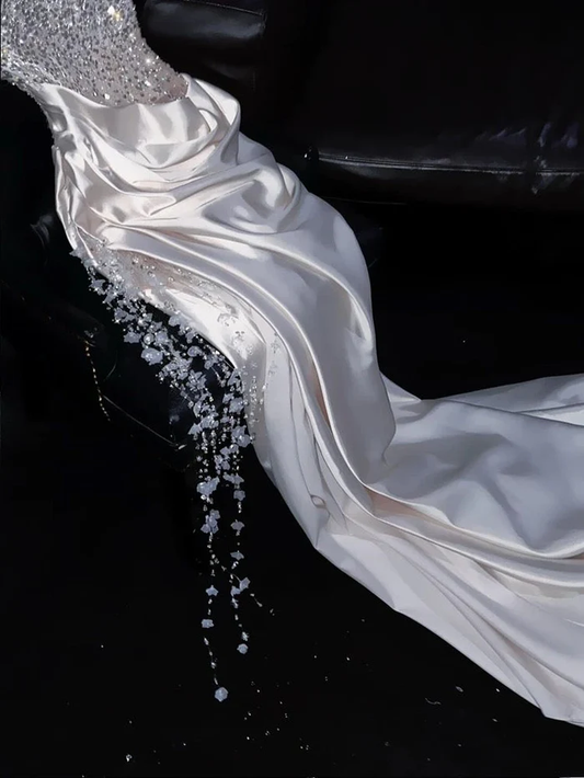 Ivory Beaded Long Prom Dress Sexy Evening Party Gown Birthday Dress