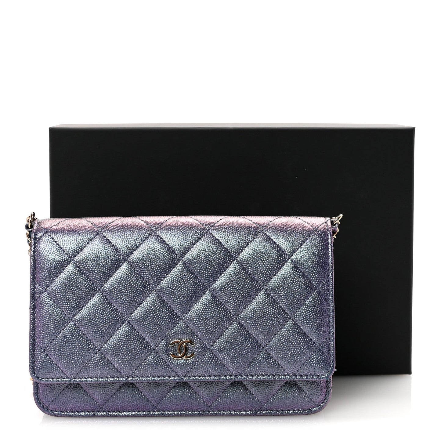 Iridescent Caviar Quilted Wallet on Chain WOC Dark Blue