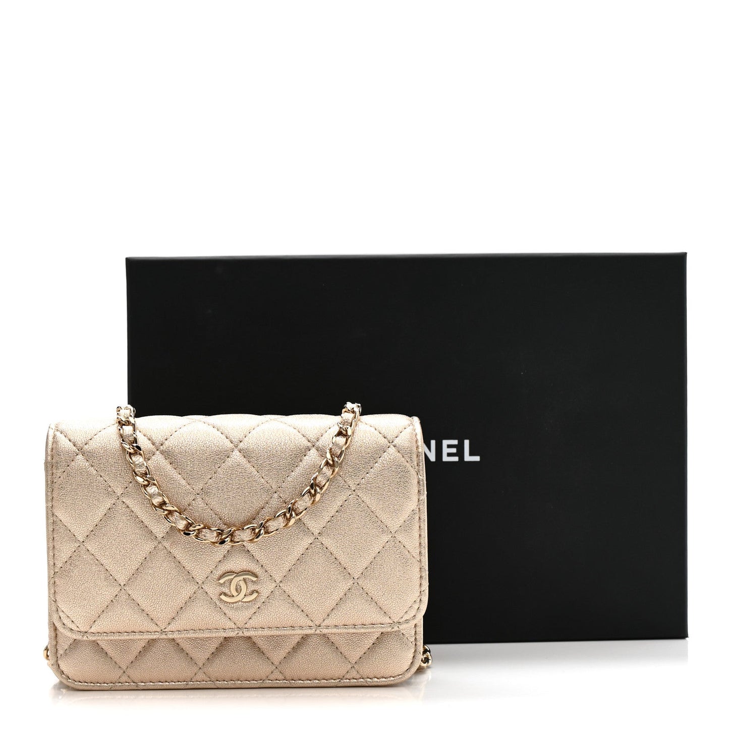 Metallic Lambskin Quilted Mini Wallet On Chain WOC Gold