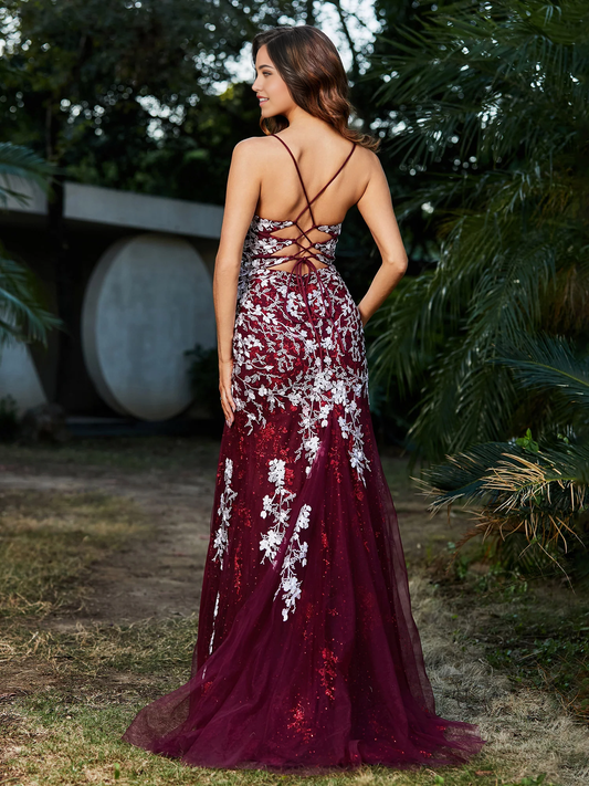 Lace applique high slit slim fit chiffon Prom dress