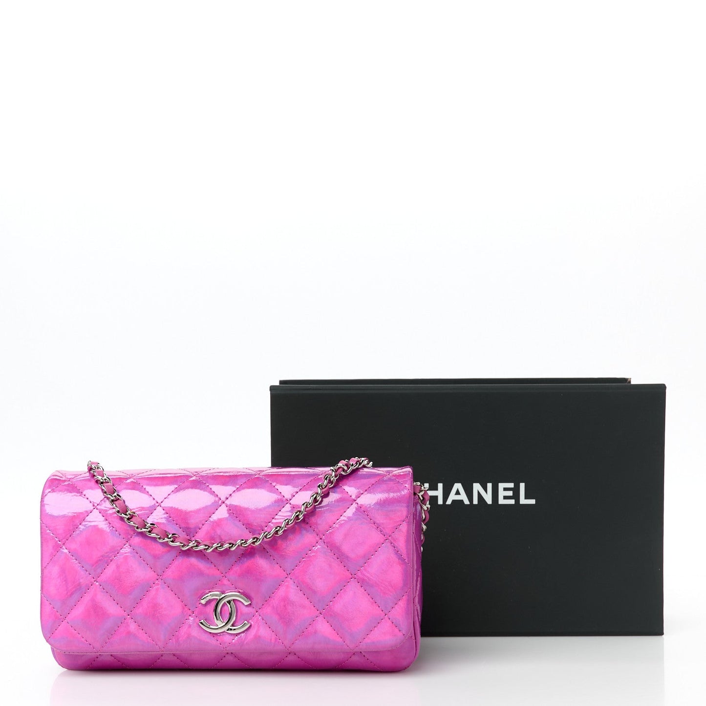 Iridescent Mirror Goatskin Quilted Clutch With Chain Pink
