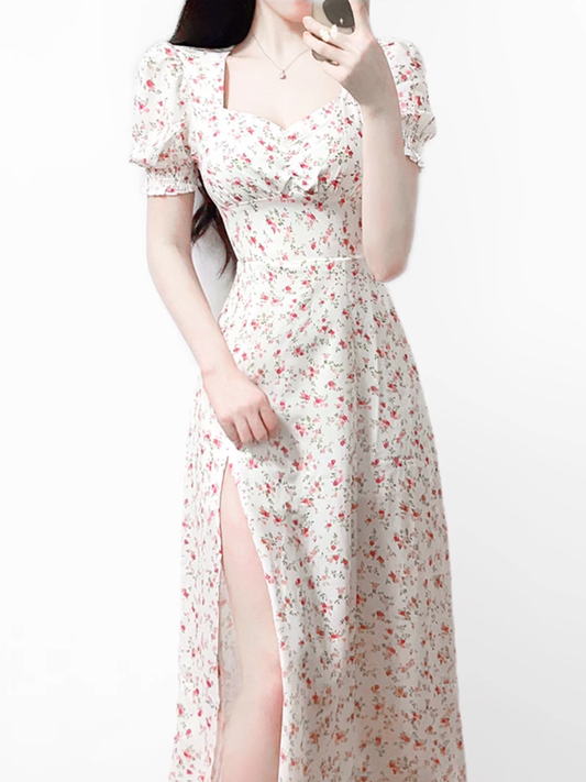 2025 summer new French pink floral girl age-reducing waist long dress R0921