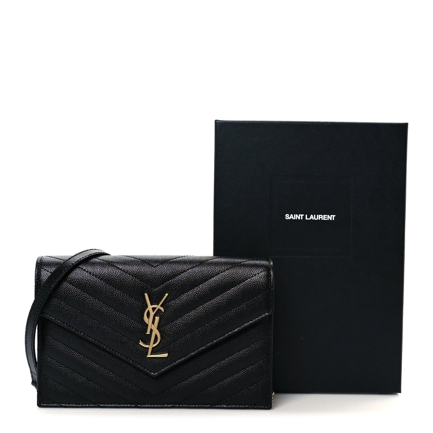Grain De Poudre Matelasse Chevron Monogram Envelope Chain Wallet Black