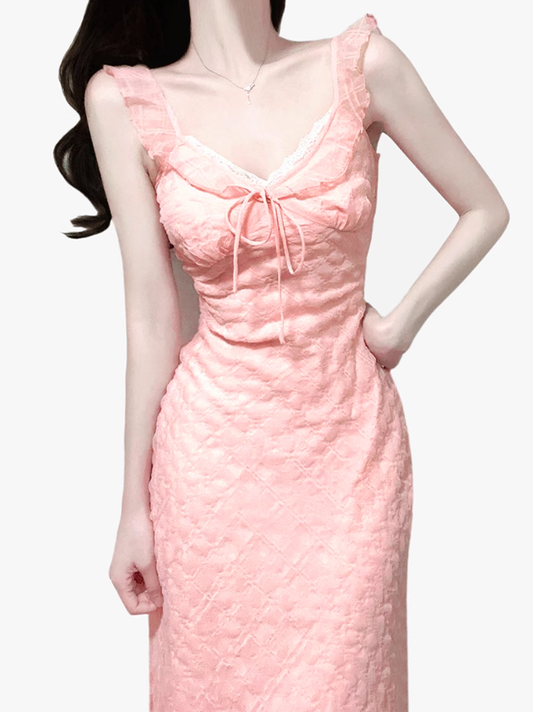 2025 Summer New French Pink Gentle Style Mermaid Princess Plaid Dress R0966
