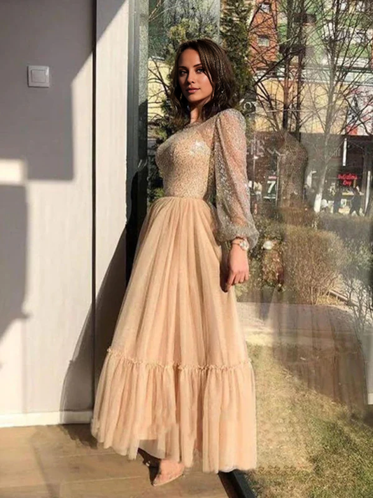 A-Line Evening Gown Elegant Dress Wedding Guest Prom Floor Length Long Sleeve Jewel Neck Tulle with Glitter Pearls Sequin 2026