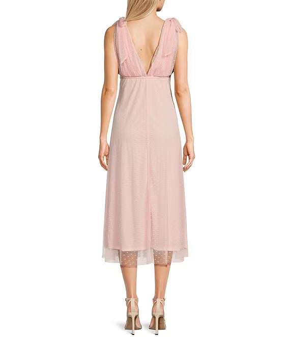 Sleeveless V-neck with round dots medium length prom dress