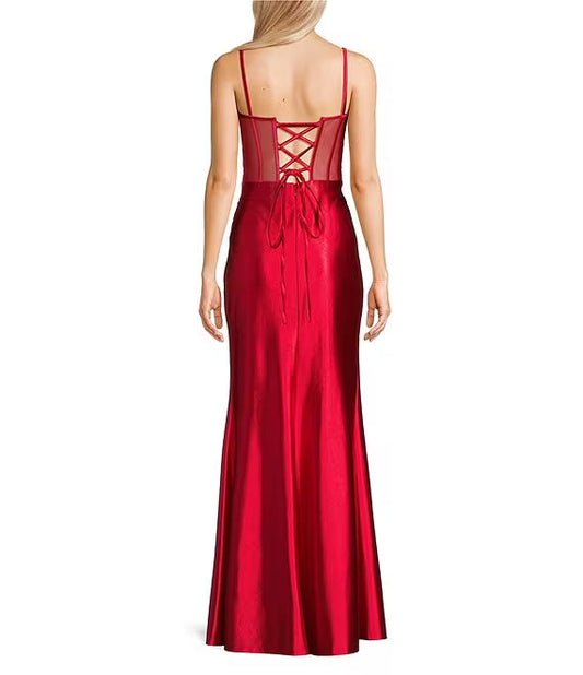 Illusion lace tight fitting corset with back lace up and front slit long evening dress