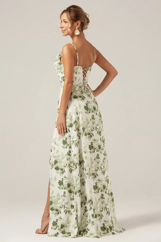 Green Leaf Print Spaghetti Strap Lace-Up Back Maxi Dress with Slit