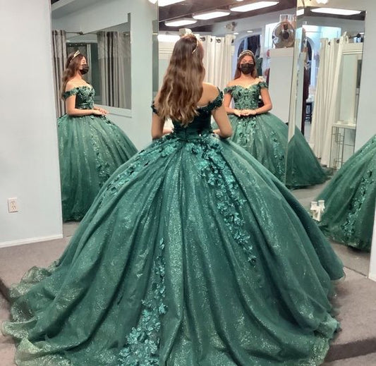 Green Sweetheart Quinceanera Dresses Beaded Appliques Tulle Sweet 16 Ball Gown c3453