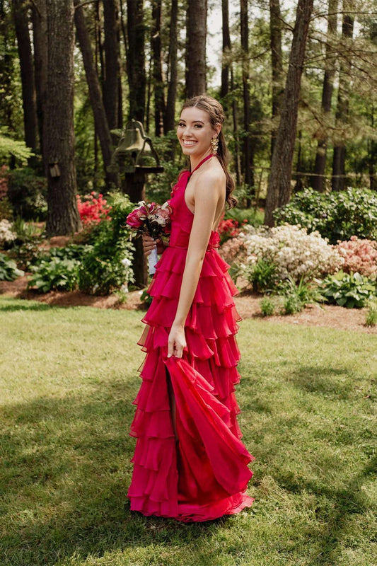 Halter Neck Ruffled Tiered Prom Dress with Keyhole Detail, Open Back & High Front Slit
