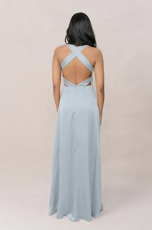 Halter V-Neck Satin Bridesmaid Dress with Crisscross Open Back, Ruched Waist & Flowy Floor-Length Silhouette