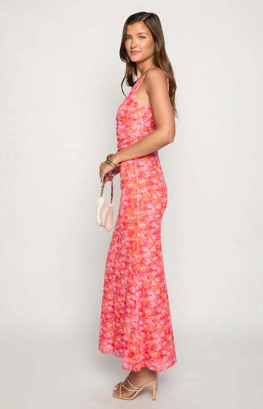 Hot Pink Floral Maxi Dress – Open Back Tie-Strap Formal Dress with Ruched Bodice
