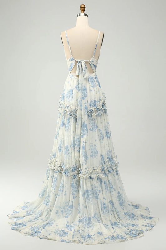 Ivory Blue Floral Ruffle Tiered Chiffon Gown with Open Back and Train