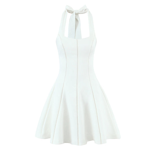 Hot girl temperament retro niche halter neck lace-up backless dress female slim fluffy short skirt R3040