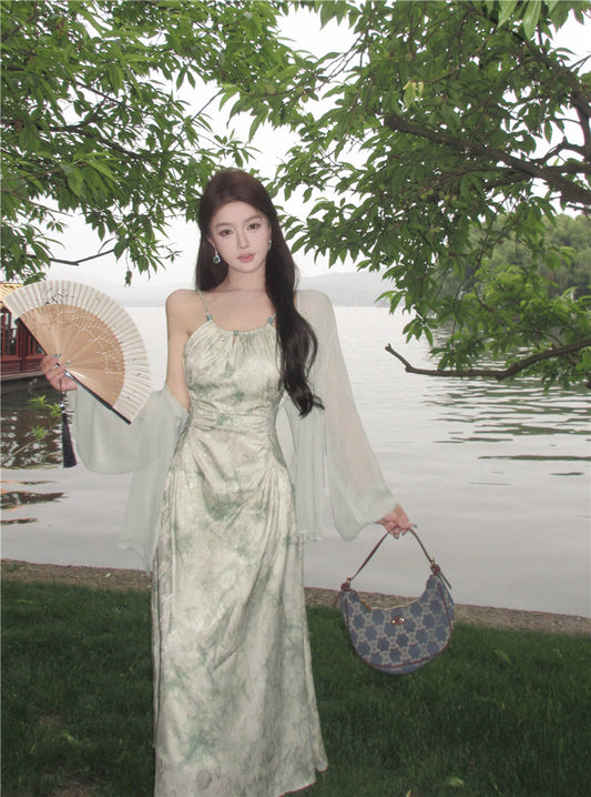 Green suspender halter dress unique chiffon sunscreen cardigan two-piece set R0616