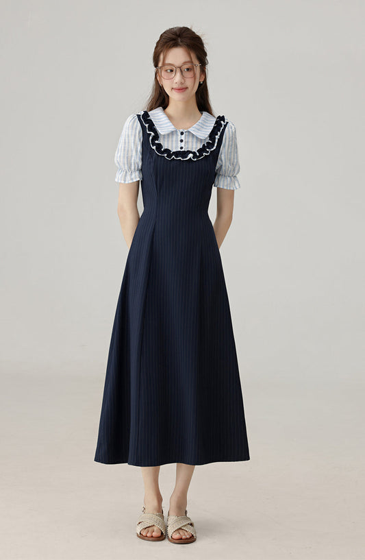2025 Summer College Style Fake Two Piece Blue Dress Interview Dress R1956