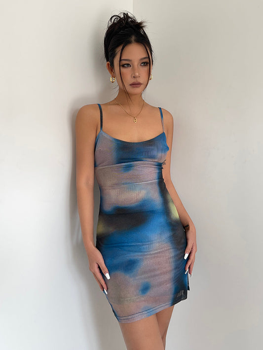 High elastic mesh printed suspender dress summer vacation short skirt hip sexy R3029