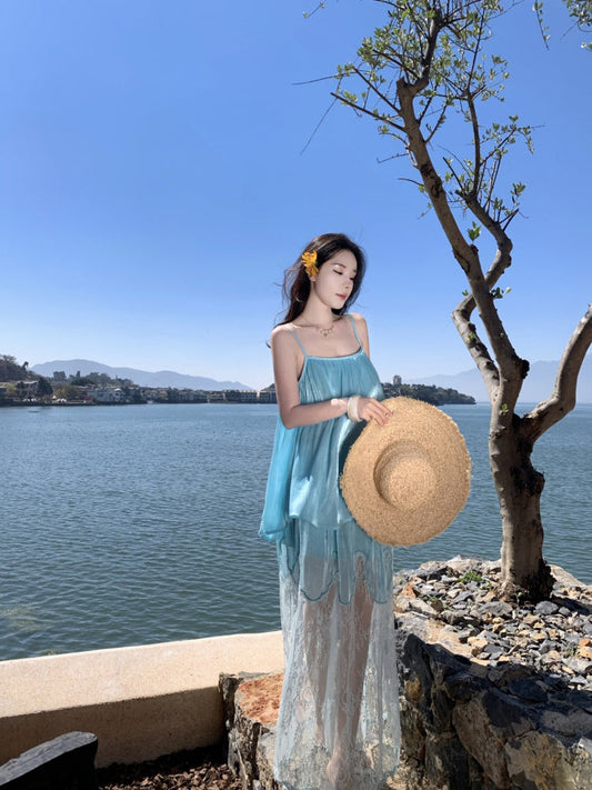 Holiday style gentle temperament unique beautiful blue suspender top skirt two-piece set R0869
