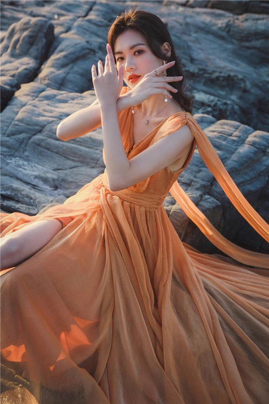 A Line Orange Long Stunning Evening Gown Party Prom Dress S7302