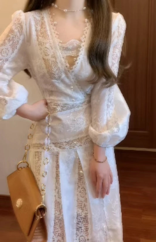 Lace patchwork long-sleeved dress gentle temperament waist A-line long skirt R0690