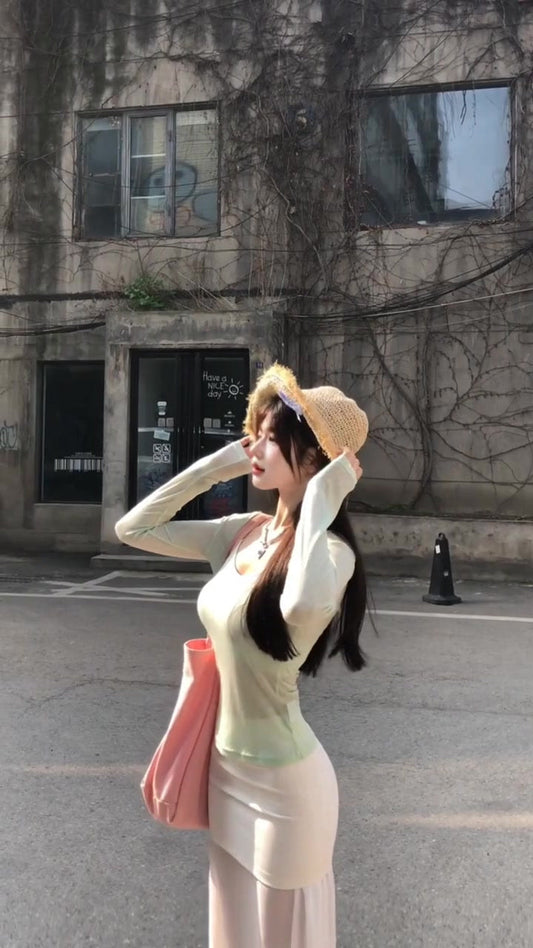 2025 Cool and Relaxed Wear Set Green Long-sleeved T-shirt Vest Skirt Three-piece Set R0497